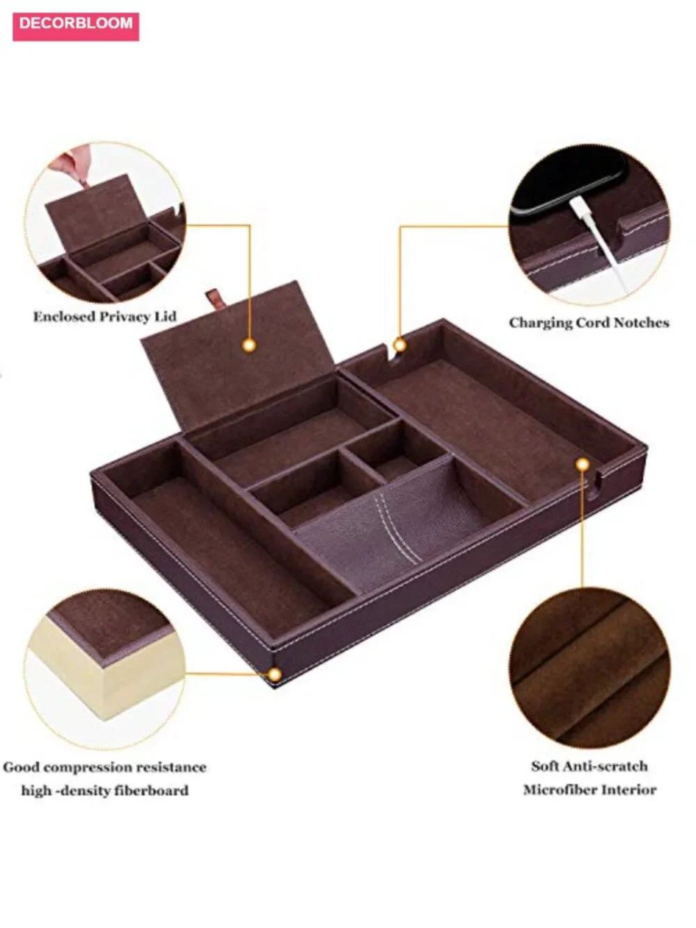 Leather Valet Tray with 6 Compartments for Men's Nightstand Organizer